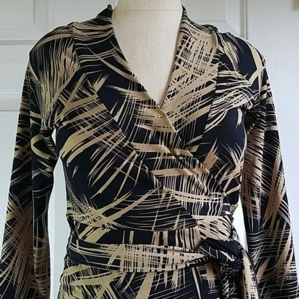 VINTAGE Wrap Dress Lily Long Sleeve Brown Black V Neck Women's Woman's Small